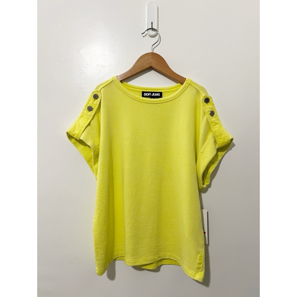 DKNY Jeans Womens XS Limonata Yellow Button Shoulder Short Sleeve Sweatshirt NEW